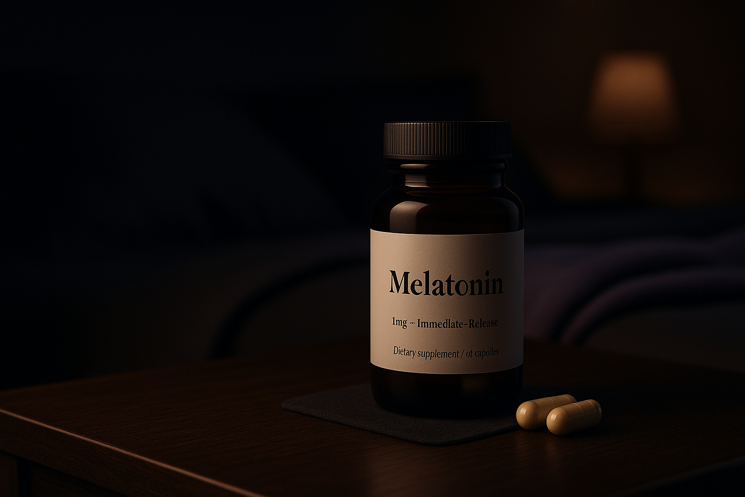 Melatonin supplement bottle and night sky imagery